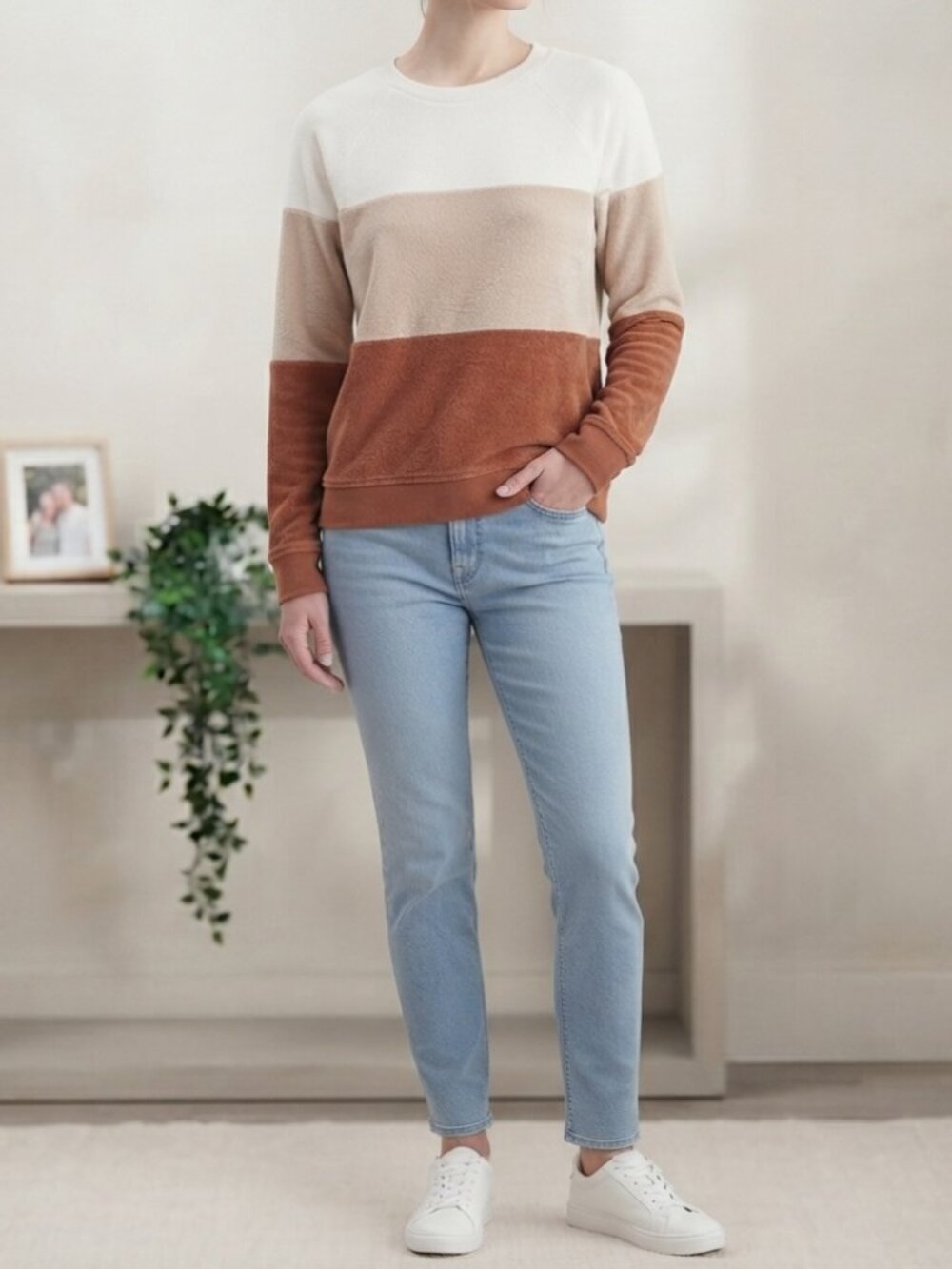 Time and Tru Colorblock Sweater Medium M 8-10 Brown Tan Cream Pullover Top